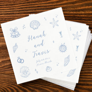 Dusty Blue Seashells Beach Coastal Wedding Napkins
