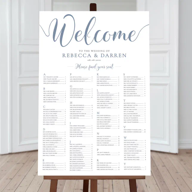 Dusty Blue Seating Chart Alphabetical Table Plan | Zazzle