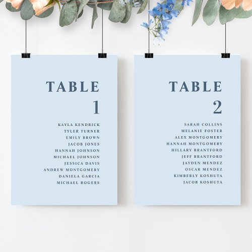 Dusty Blue Seating Plan Cards with Guest Names