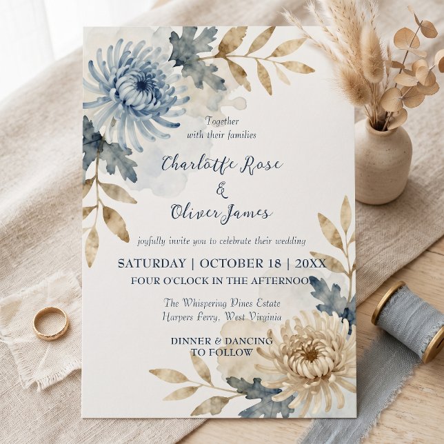 Dusty Blue & Sepia Watercolor Floral Fall Wedding Invitation (Creator Uploaded)