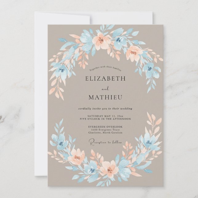 Dusty Blue Serene Bloom Wedding Invitation (Front)
