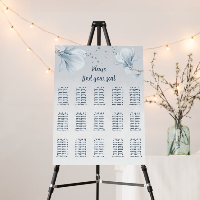 Dusty blue shades floral wedding seating chart foam board (In Situ (Stand))