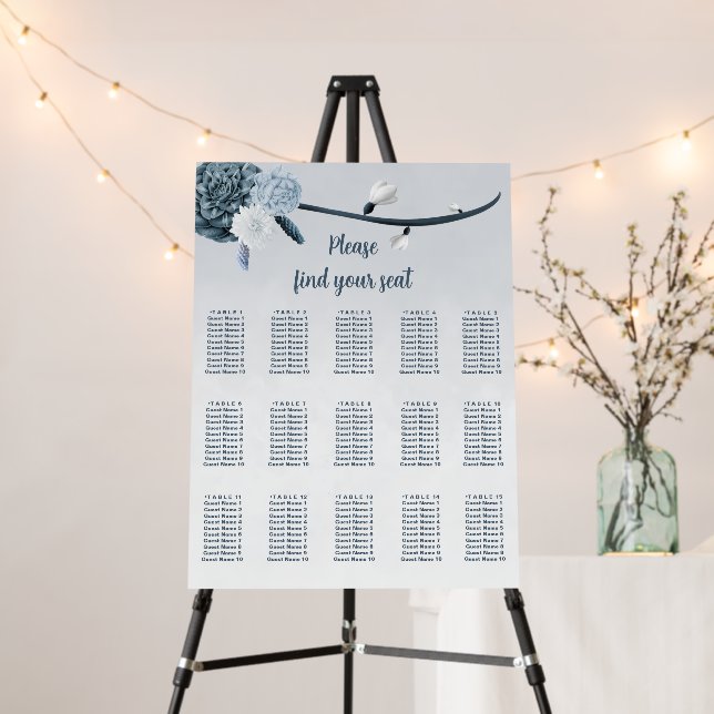 Dusty blue shades floral wedding seating chart foam board (In Situ (Stand))