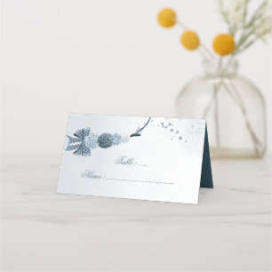 dusty blue shades flowers & bow place card