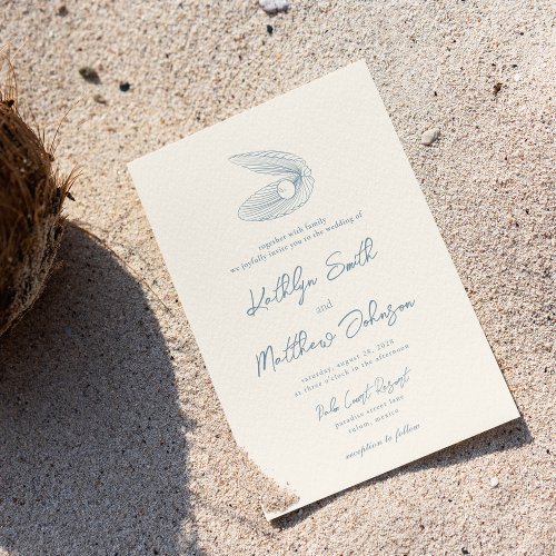 Dusty Blue Shell Beach Ocean Destination Wedding Invitation