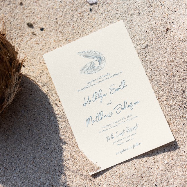 Dusty Blue Shell Beach Ocean Destination Wedding Invitation (Creator Uploaded)