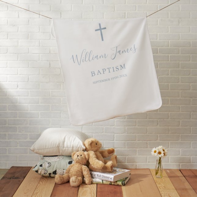 Dusty Blue Signature Script Baptism Christening Baby Blanket (In Situ)
