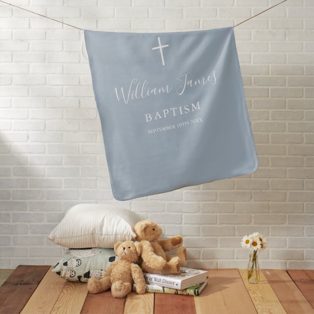 Dusty Blue Signature Script Baptism Christening Baby Blanket (In Situ)