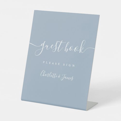 Dusty Blue Signature Script Guest Book Pedestal Sign - This elegant dusty blue script minimalist guest book sign is perfect for all celebrations. Designed by Thisisnotme©