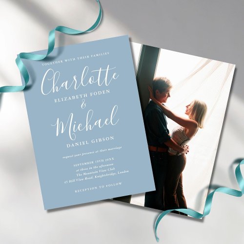 Dusty Blue Signature Script Photo Wedding Invitation