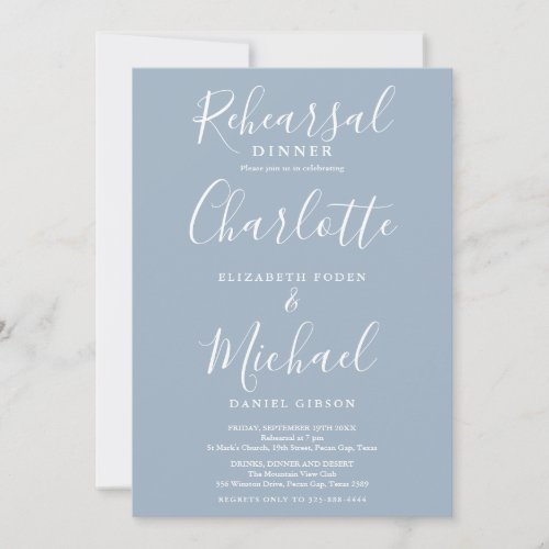 Dusty Blue Signature Script Rehearsal Dinner Invitation