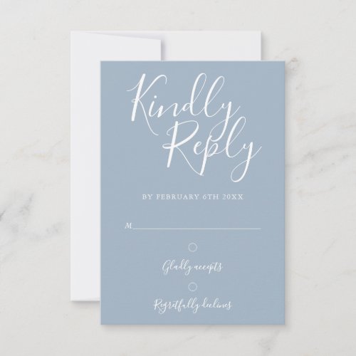 Dusty Blue Signature Script Simple Modern RSVP - This elegant dusty blue and white RSVP card can be personalised in chic white lettering. You can add additional information such as menu choice on the reverse. Perfect for weddings, bridal showers, baby showers, baptisms, engagement parties, anniversary celebrations, graduations, birthdays and other special events throughout the year! Designed by Thisisnotme©