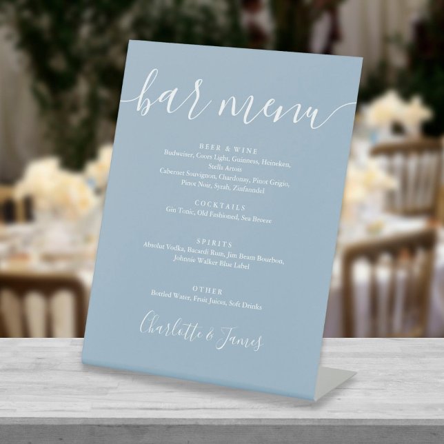 Dusty Blue Signature Script Wedding Bar Menu Pedestal Sign (Creator Uploaded)