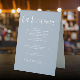 Dusty Blue Signature Script Wedding Bar Menu Table Tent