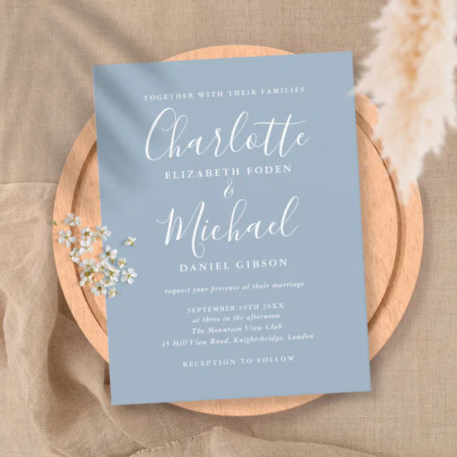 Dusty Blue Signature Script Wedding Invitation Postcard | Zazzle