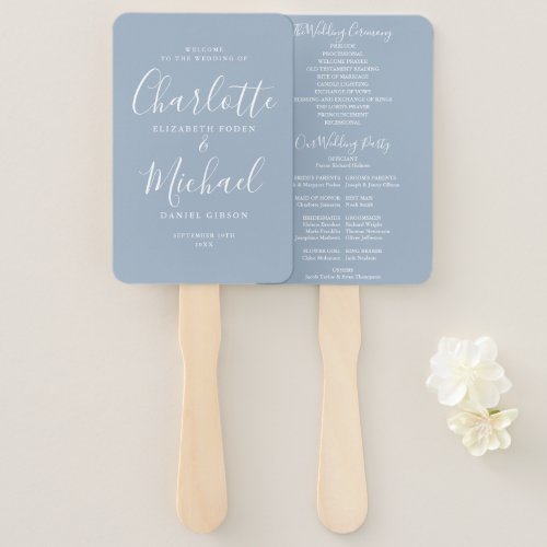 Dusty Blue Signature Script Wedding Program Hand Fan - Dusty blue signature script wedding program featuring chic modern typography, this stylish wedding program can be personalised with your special wedding day information. Designed by Thisisnotme©