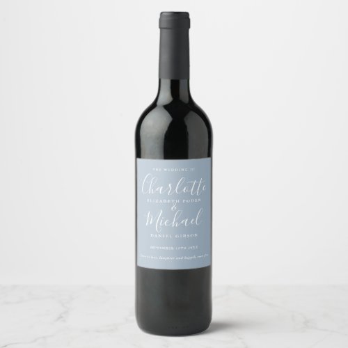 Dusty Blue Signature Script Wedding Wine Label - Featuring chic signature style names, this elegant dusty blue wedding wine label can be personalized with your information in elegant lettering. Designed by Thisisnotme©