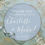 Dusty Blue Signature Wedding Favor Thank You Classic Round Sticker<br><div class="desc">Dusty blue signature wedding favor thank you classic round sticker featuring signature style names. Personalize with your special thank you information in chic white typography. Designed by Thisisnotme©</div>