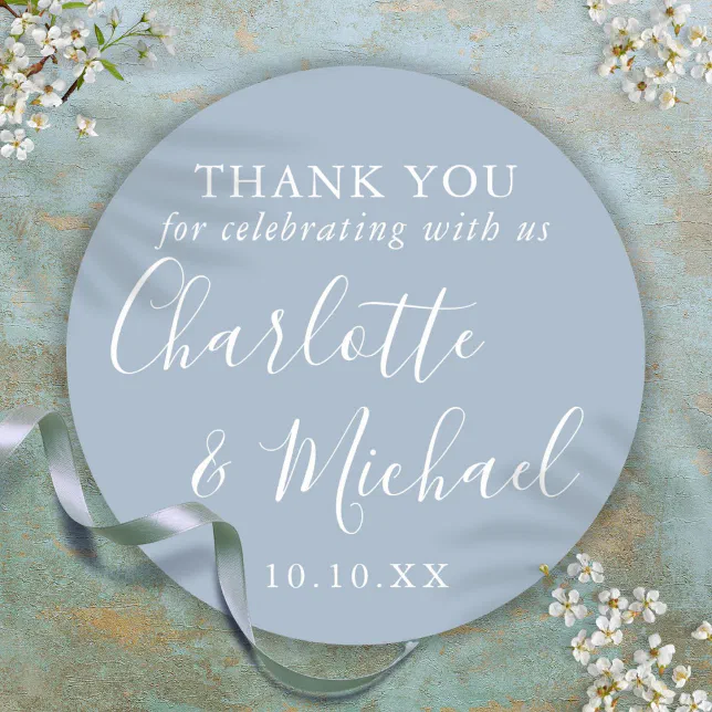 Dusty Blue Signature Wedding Favor Thank You Classic Round Sticker | Zazzle