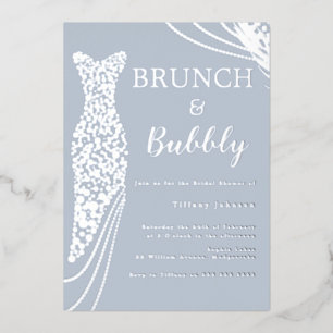 Dusty Blue & Silver Bridal Shower Brunch & Bubbly Foil Invitation