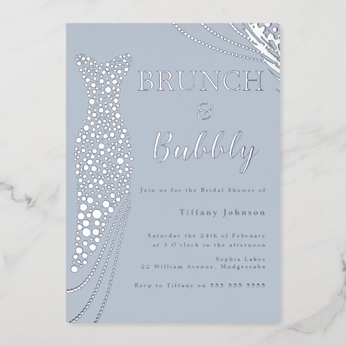 Dusty Blue  Silver Bridal Shower Brunch  Bubbly Foil Invitation