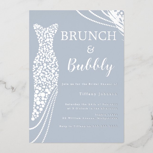 Dusty Blue & Silver Bridal Shower Brunch & Bubbly Foil Invitation (Front)
