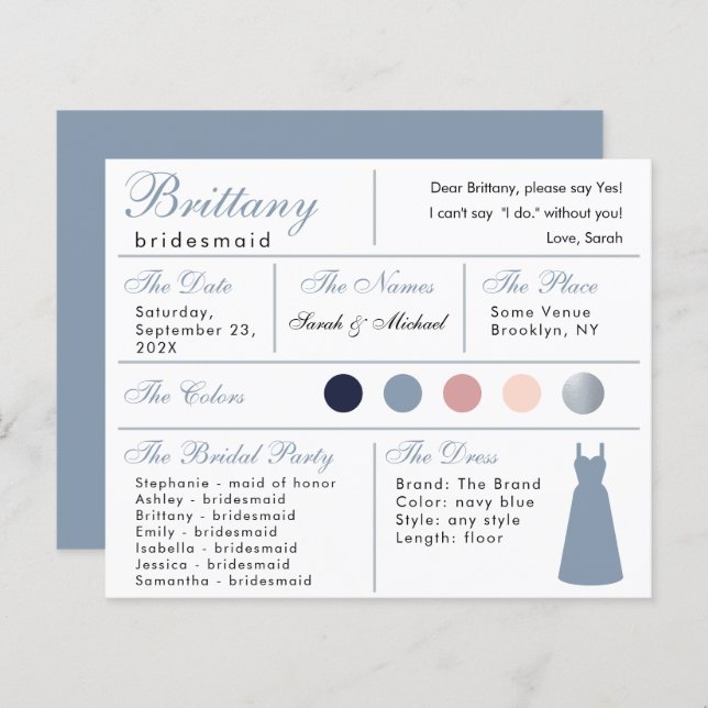 Dusty Blue Silver Bridesmaid Information Card (Front/Back)