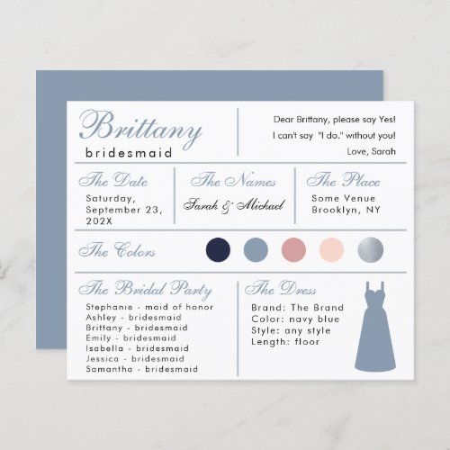 Dusty Blue Silver Bridesmaid Information Card