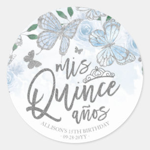 Dusty Blue Silver Butterfly Quinceanera Classic Round Sticker