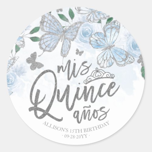 Dusty Blue Silver Butterfly Quinceanera Classic Round Sticker