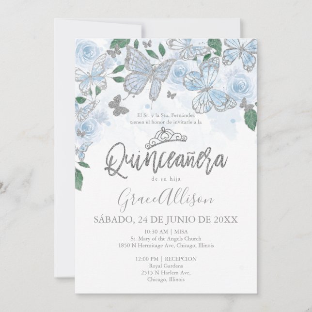 Dusty Blue Silver Butterfly Quinceanera Invitation (Front)