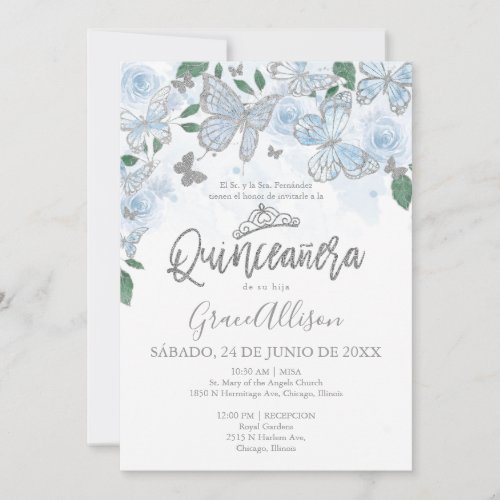 Dusty Blue Silver Butterfly Quinceanera Invitation