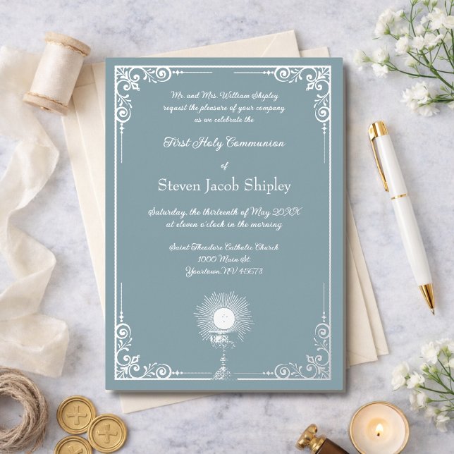 Dusty Blue Silver Chalice Communion Elegance Foil Invitation (Creator Uploaded)