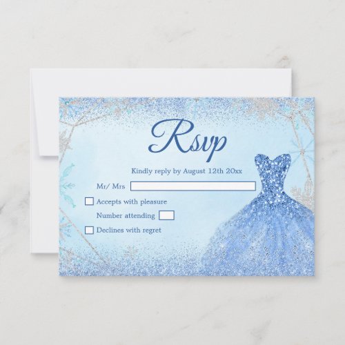 Dusty Blue Silver Christmas Snowflake Quinceaera RSVP Card