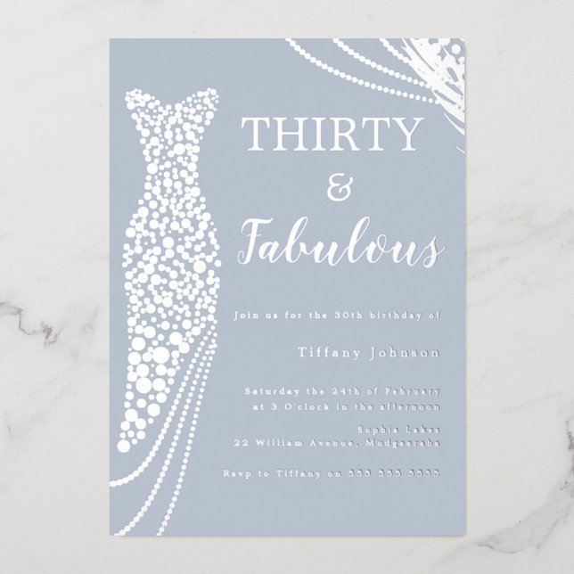 Dusty Blue & Silver Classic Elegant 30th Birthday Foil Invitation (Front)