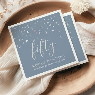 Dusty Blue Silver Confetti 50th Birthday Party Napkins