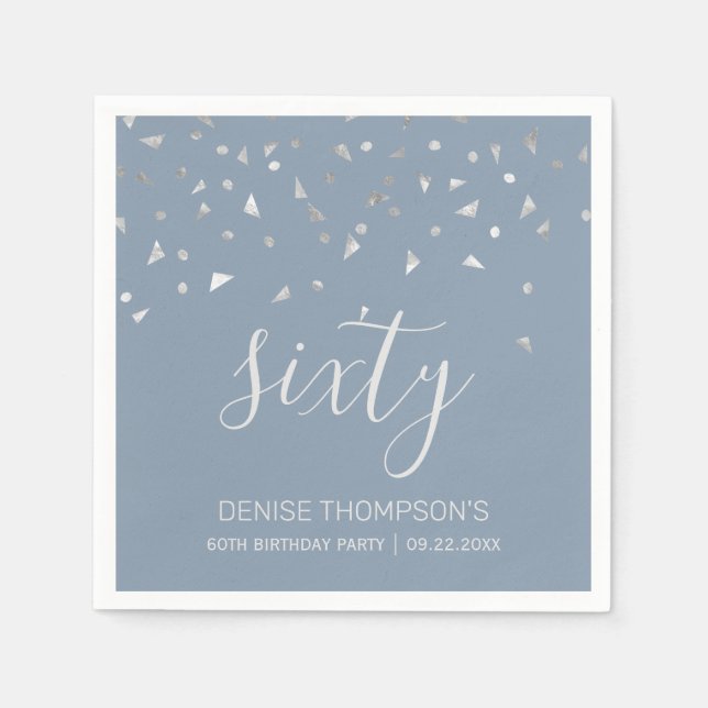 Dusty Blue Silver Confetti 60th Birthday Party Napkins (Front)