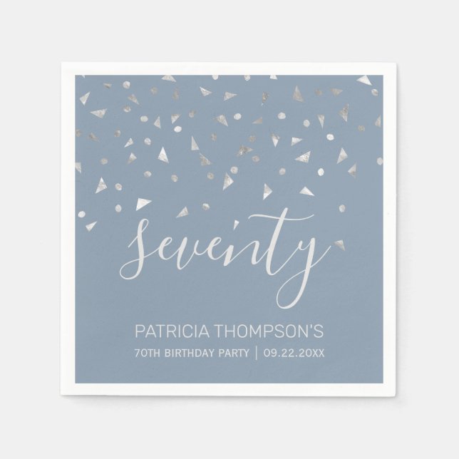 Dusty Blue Silver Confetti 70th Birthday Party Napkins (Front)
