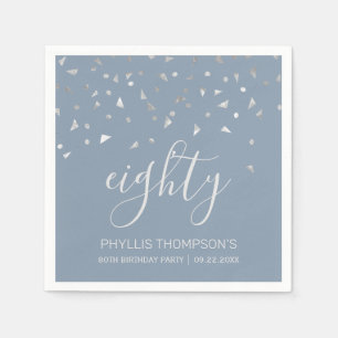 Dusty Blue Silver Confetti 80th Birthday Party Napkins