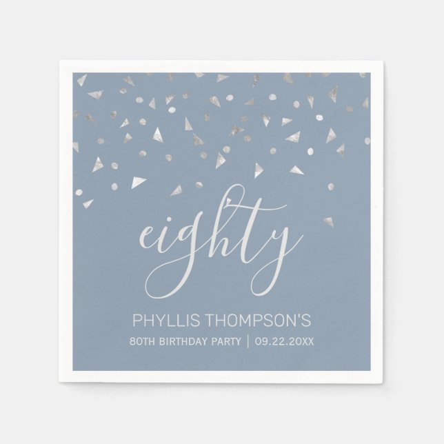 Dusty Blue Silver Confetti 80th Birthday Party Napkins (Front)