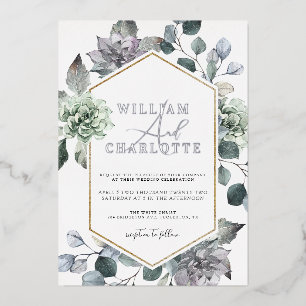 Dusty Blue & Silver Desert Greenery Wedding Foil Invitation