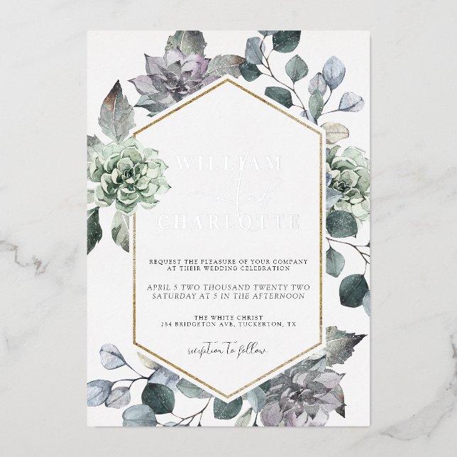 Dusty Blue & Silver Desert Greenery Wedding Foil Invitation (Front)