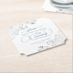 Dusty Blue & Silver Don't Take My Drink Wedding Paper Coaster<br><div class="desc">This wedding coaster is elegant, stylish, and fun! It features a fancy design with modern dusty blue script lettering and delicate silver gray faux foil curls and swirls in the corners on a classic white background. The text reads "Please don't take my drink, I'm dancing" with space for the names...</div>