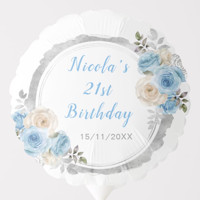 Dusty Blue Silver Elegant Flowers Birthday Party Balloon (Front)