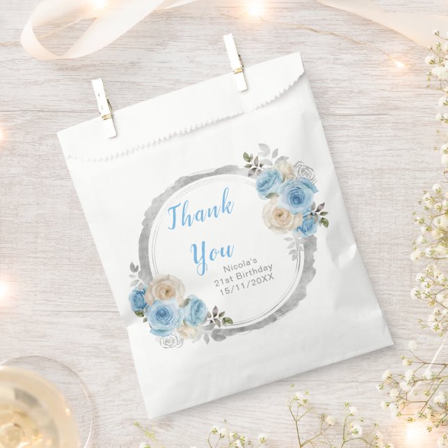 Dusty Blue Silver Elegant Flowers Birthday Party Favor Bag (Clipped)