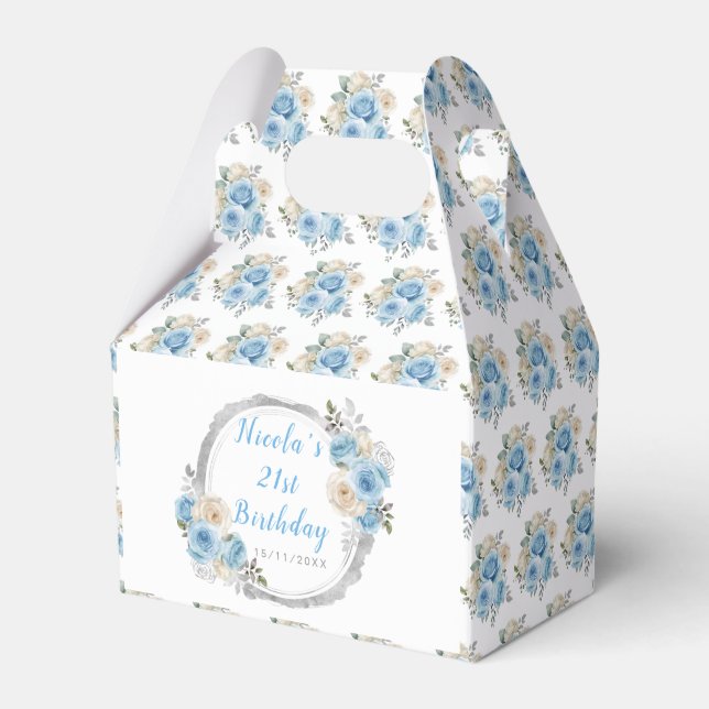 Dusty Blue Silver Elegant Flowers Birthday Party Favor Boxes (Front Side)