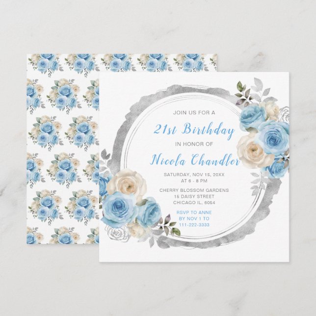 Dusty Blue Silver Elegant Flowers Birthday Party Invitation (Front/Back)