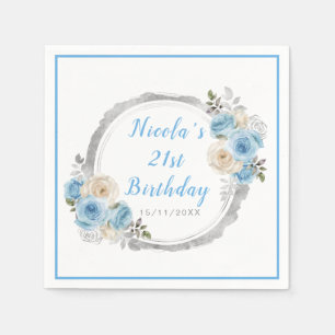 Dusty Blue Silver Elegant Flowers Birthday Party Napkins