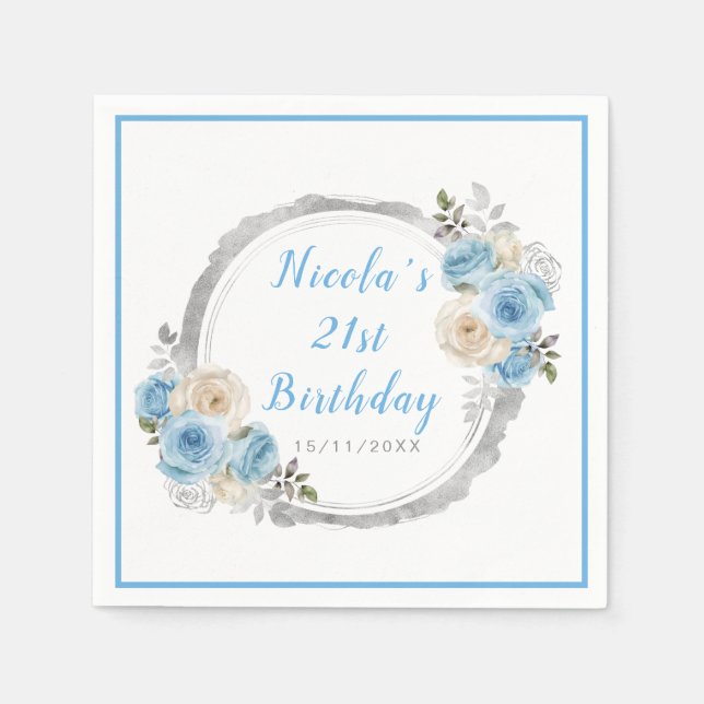 Dusty Blue Silver Elegant Flowers Birthday Party Napkins (Front)