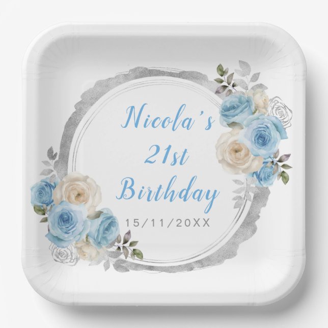 Dusty Blue Silver Elegant Flowers Birthday Party Paper Plates (Front)
